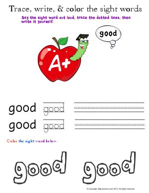 Preview image for worksheet with title Trace, Write, and Color the Sight Words