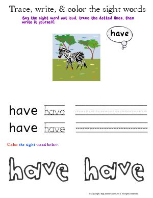 Preview image for worksheet with title Trace, Write, and Color the Sight Words