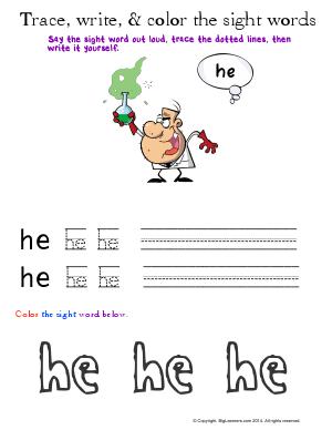 Preview image for worksheet with title Trace, Write, and Color the Sight Words