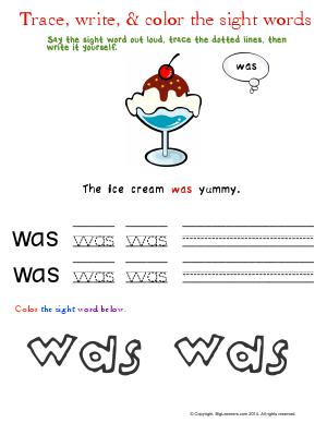 Preview image for worksheet with title Trace, Write, & Color the Sight Words
