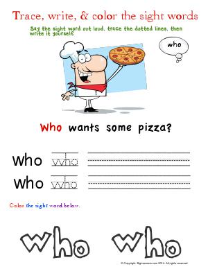 Preview image for worksheet with title Trace, Write, & Color the Sight Words