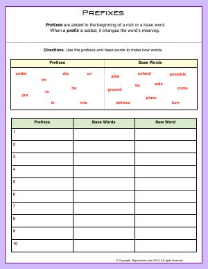 Preview image for worksheet with title Prefixes