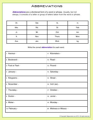 Preview image for worksheet with title Abbreviations