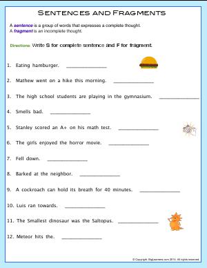 Preview image for worksheet with title Statements and Fragments