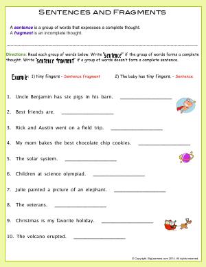 Preview image for worksheet with title Statements and Fragments