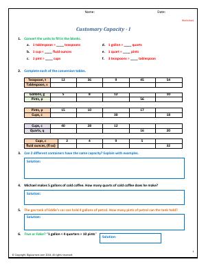 Preview image for worksheet with title Customary Capacity - I