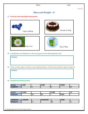 Preview image for worksheet with title Mass and Weight - II