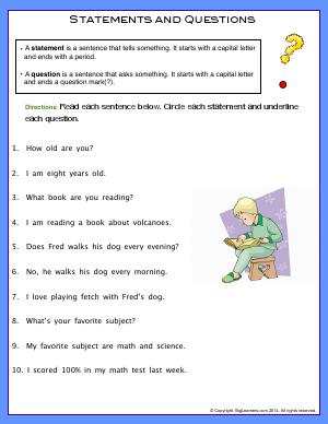 Preview image for worksheet with title Statements and Questions