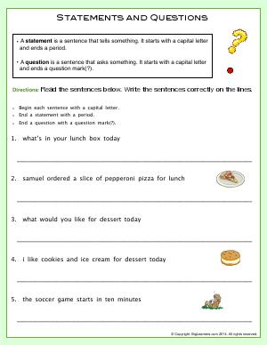 Preview image for worksheet with title Statements and Questions