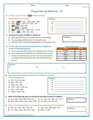 Preview image for worksheet with title Properties of Addition - II