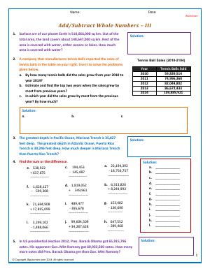 Preview image for worksheet with title Add/Subtract Whole Numbers - III