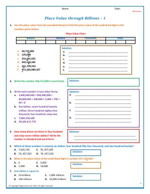 Preview image for worksheet with title Place Value Through Billions - I