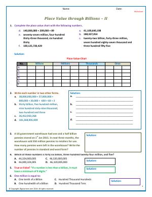 Preview image for worksheet with title Place Value Through Billions - II