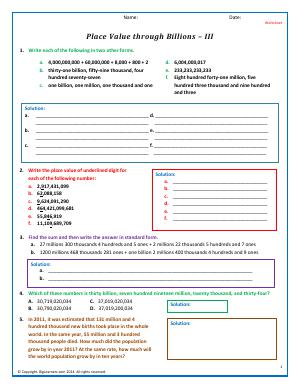 Preview image for worksheet with title Place Value Through Billions - III