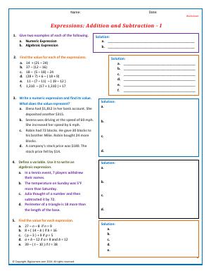 Preview image for worksheet with title Expressions: Addition and Subtraction - I