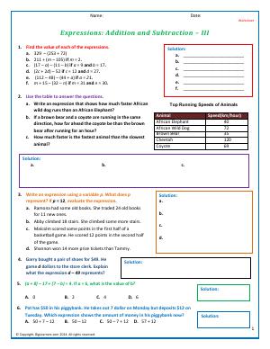 Preview image for worksheet with title Expressions: Addition and Subtraction - III