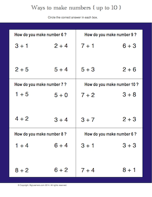 Preview image for worksheet with title Ways to make Numbers (upt o 10)