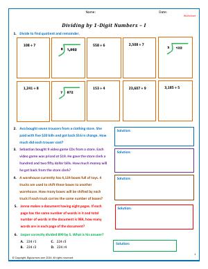 Divide by 1-Digit Divisors | Fifth Grade Math Worksheets | Biglearners
