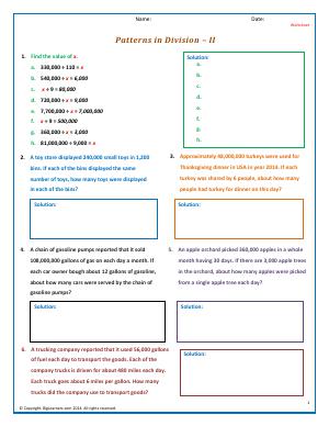 Preview image for worksheet with title Patterns in Division - II