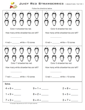 Preview image for worksheet with title Juicy Red Strawberries (addition to 10)