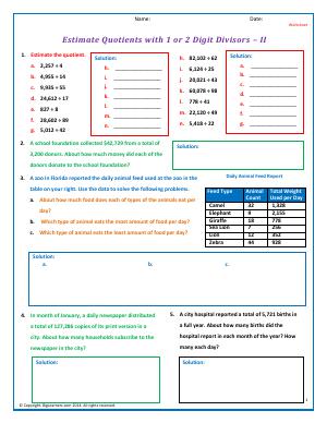 Preview image for worksheet with title Estimate Quotients with 1 or 2 Digit Divisors - II