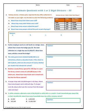 Preview image for worksheet with title Estimate Quotients with 1 or 2 Digit Divisors - III