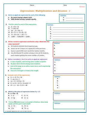 Preview image for worksheet with title Expressions: Multiplication and Division - I