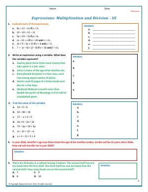 Preview image for worksheet with title Expressions: Multiplication and Division - III