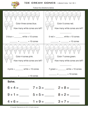 Preview image for worksheet with title Ice Cream Cones (addition up to 10)