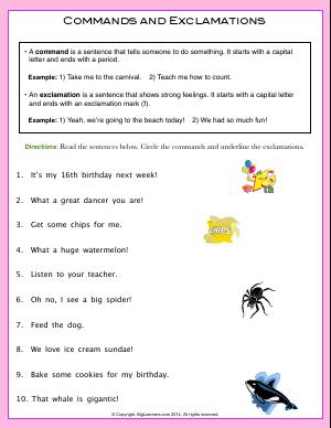 Preview image for worksheet with title Commands and Exclamations