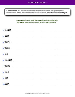 Preview image for worksheet with title Contractions