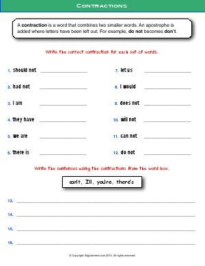 Preview image for worksheet with title Contractions