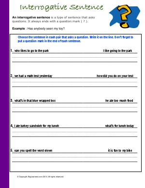 Preview image for worksheet with title Interrogative Sentence