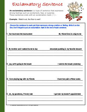 Preview image for worksheet with title Exclamatory Sentence