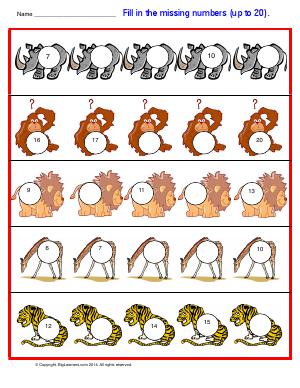Preview image for worksheet with title Fill in the Missing Numbers (up to 20)