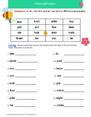 Preview image for worksheet with title Homophones