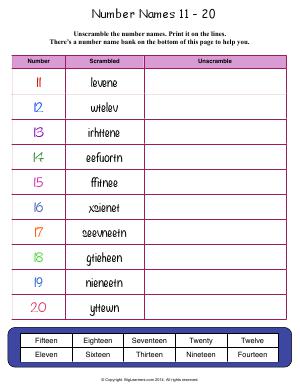 Preview image for worksheet with title Number Names 11 - 20