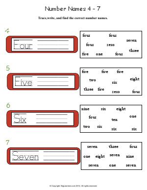 Preview image for worksheet with title Number Names 4 - 7