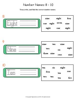 Preview image for worksheet with title Number Names 8 - 10