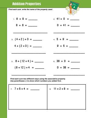 Preview image for worksheet with title Addition Properties