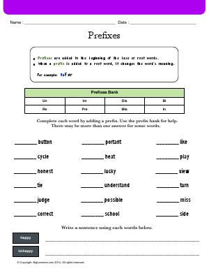 Preview image for worksheet with title Prefixes