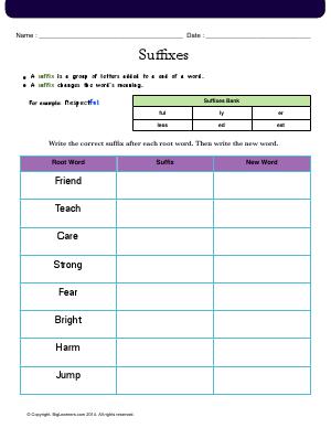 Preview image for worksheet with title Suffixes