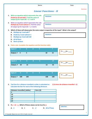 Preview image for worksheet with title Linear Functions - II