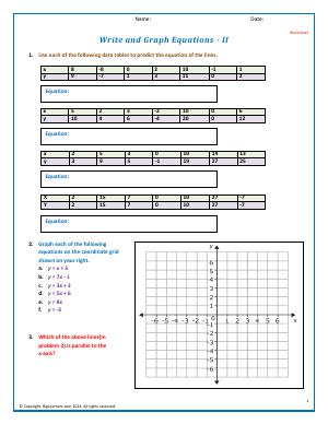 Preview image for worksheet with title Write and Graph Equations - II