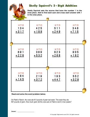 Preview image for worksheet with title Shelly Squirrel's 3 - Digit Addition