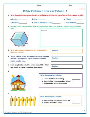 Preview image for worksheet with title Relate Perimeter. Area and Volume - I