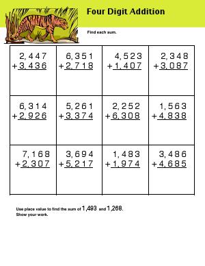 Preview image for worksheet with title Four Digit Addition