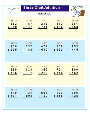 Preview image for worksheet with title Three Digit Addition