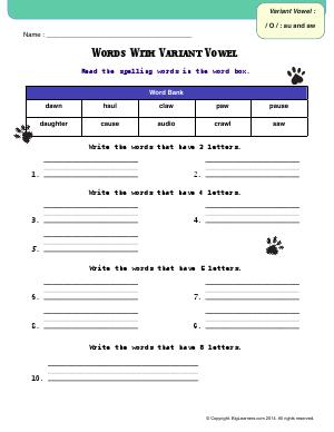 Preview image for worksheet with title Words With Variant Vowel