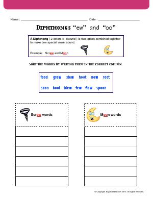 Preview image for worksheet with title Diphthongs “ew” and “oo”